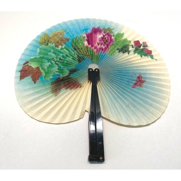 Vintage Chinese Folding Fan Floral Design Flowers Butterfly Round - Picture 8 of 9